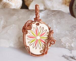 Pottery Flower Copper Wire Wrapped Pendant